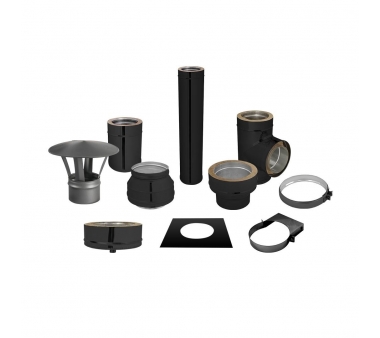 The flue for the stove D150/200 is wall-mounted and black in color.
